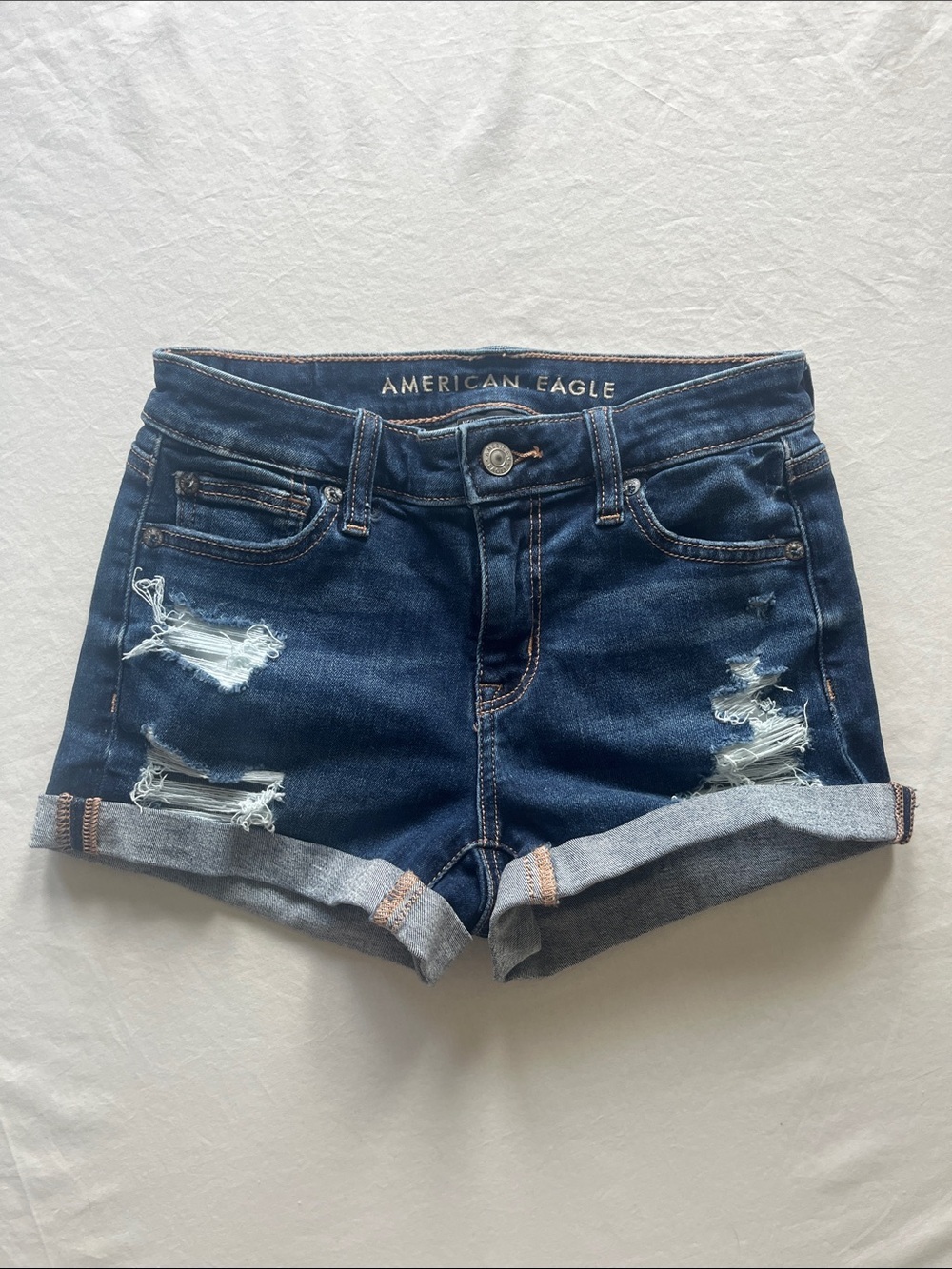 American Eagle Outfitters Blue Distressed Next Level Stretch Shortie